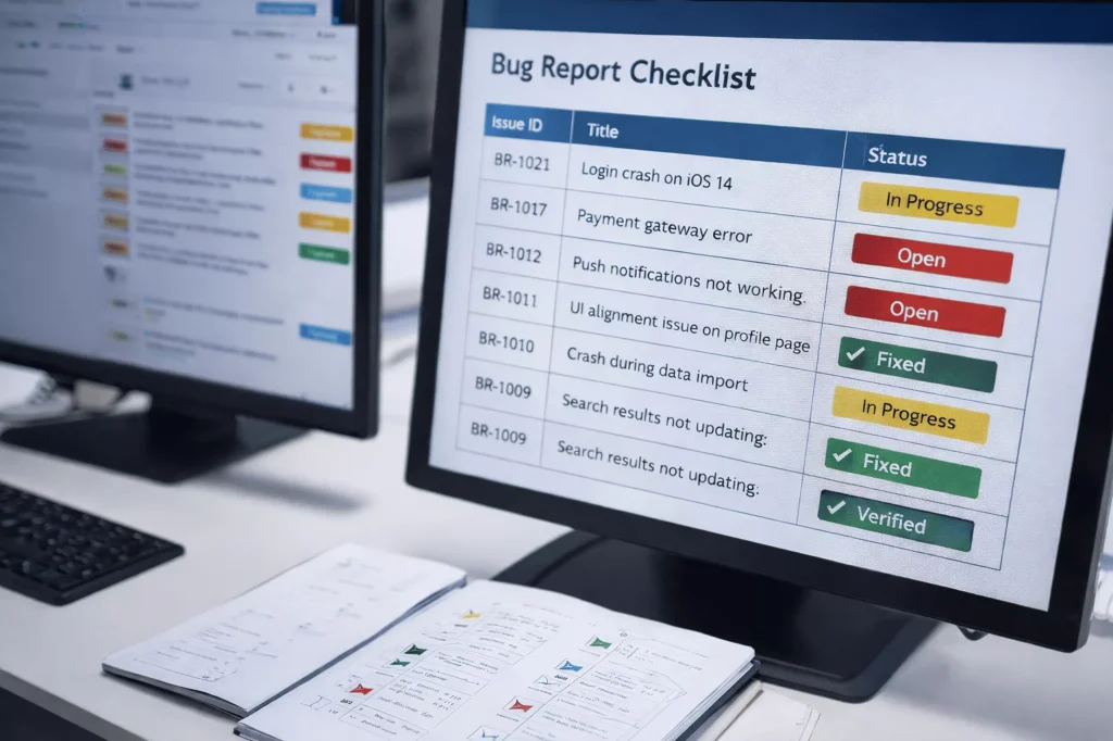 Bug report checklist and issue statuses during mobile app QA testing on a workstation