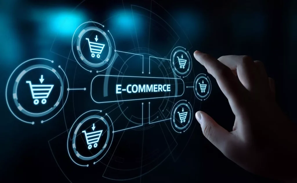 E-commerce interface with shopping cart icons and digital network