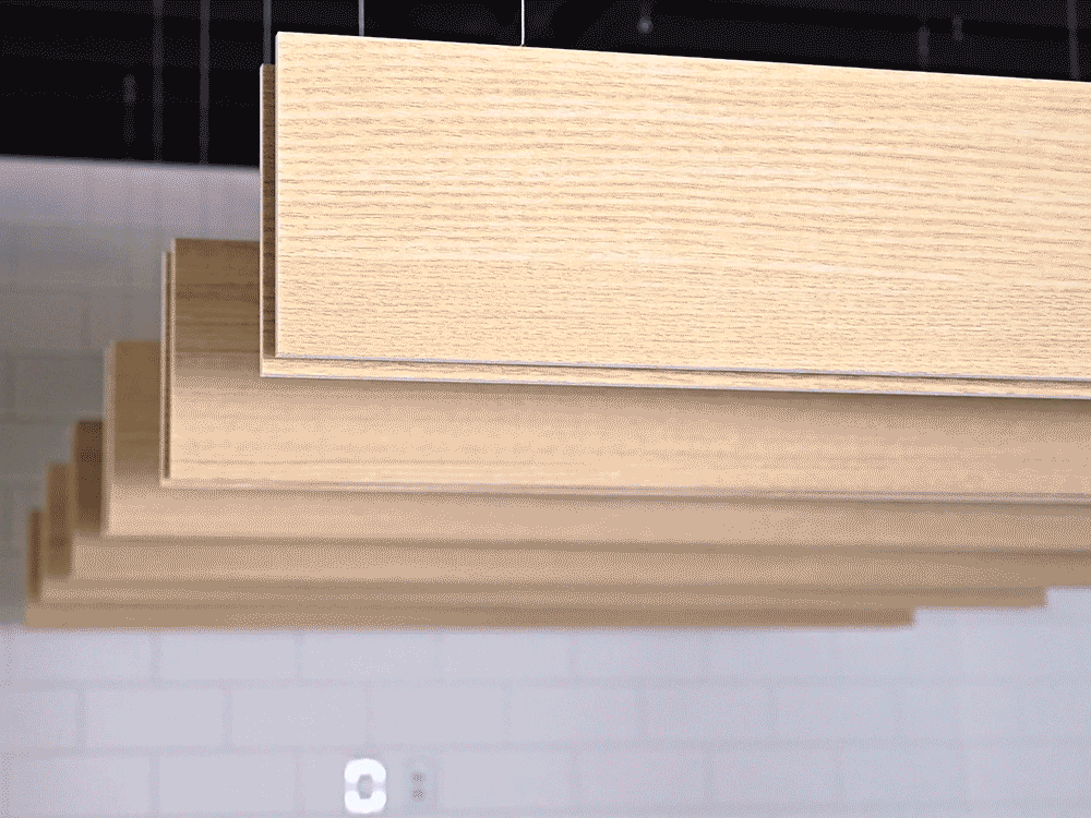 Various ceiling baffles and clouds shown in Wood prints