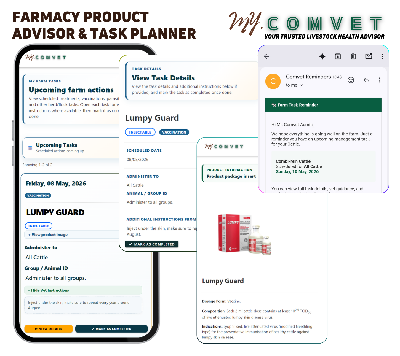 My Comvet farm task planner mockup