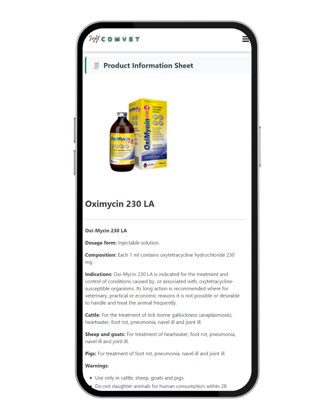 My Comvet product information sheet