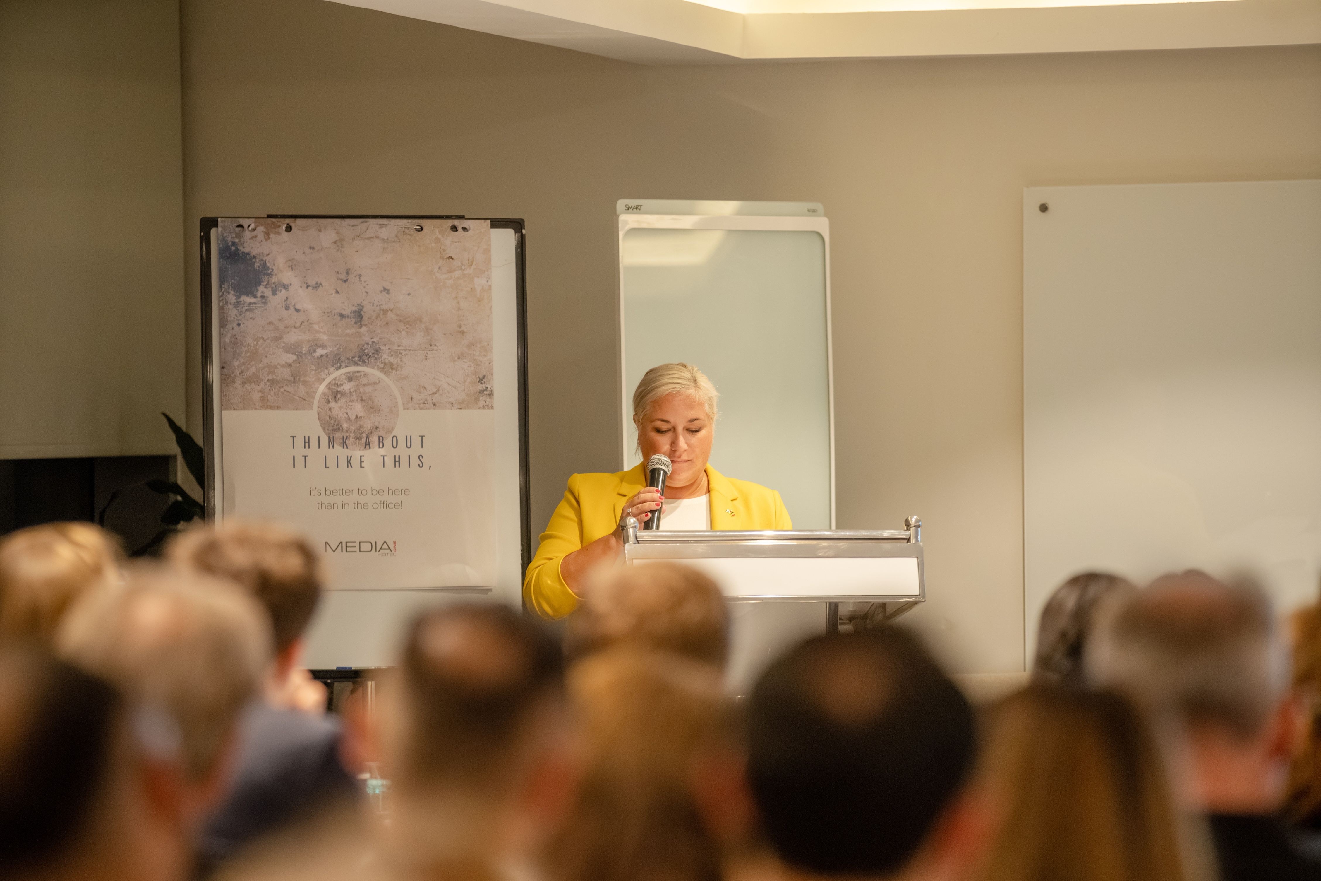 Peggy Scherpenberg speaking at one of the events of the Belgian Business Council Dubai