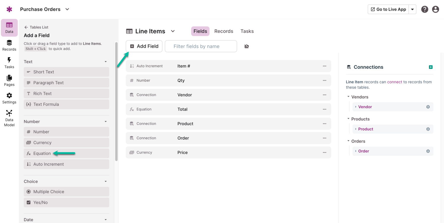 Image of arrows pointing to the "Add Field" and "Equation" field option in the Knack Builder