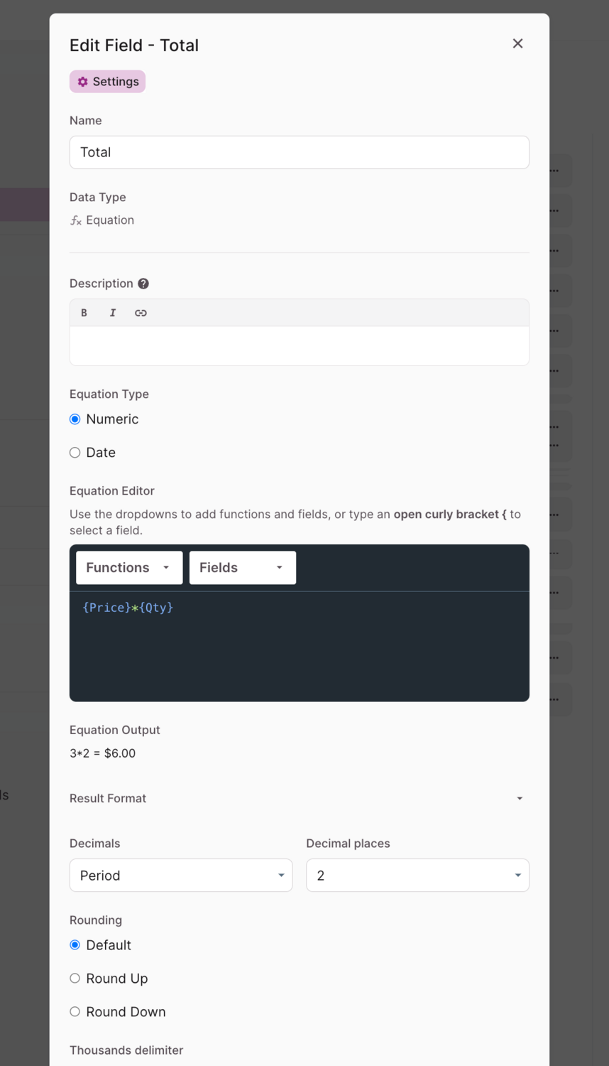 Image of the Total Equation field's settings