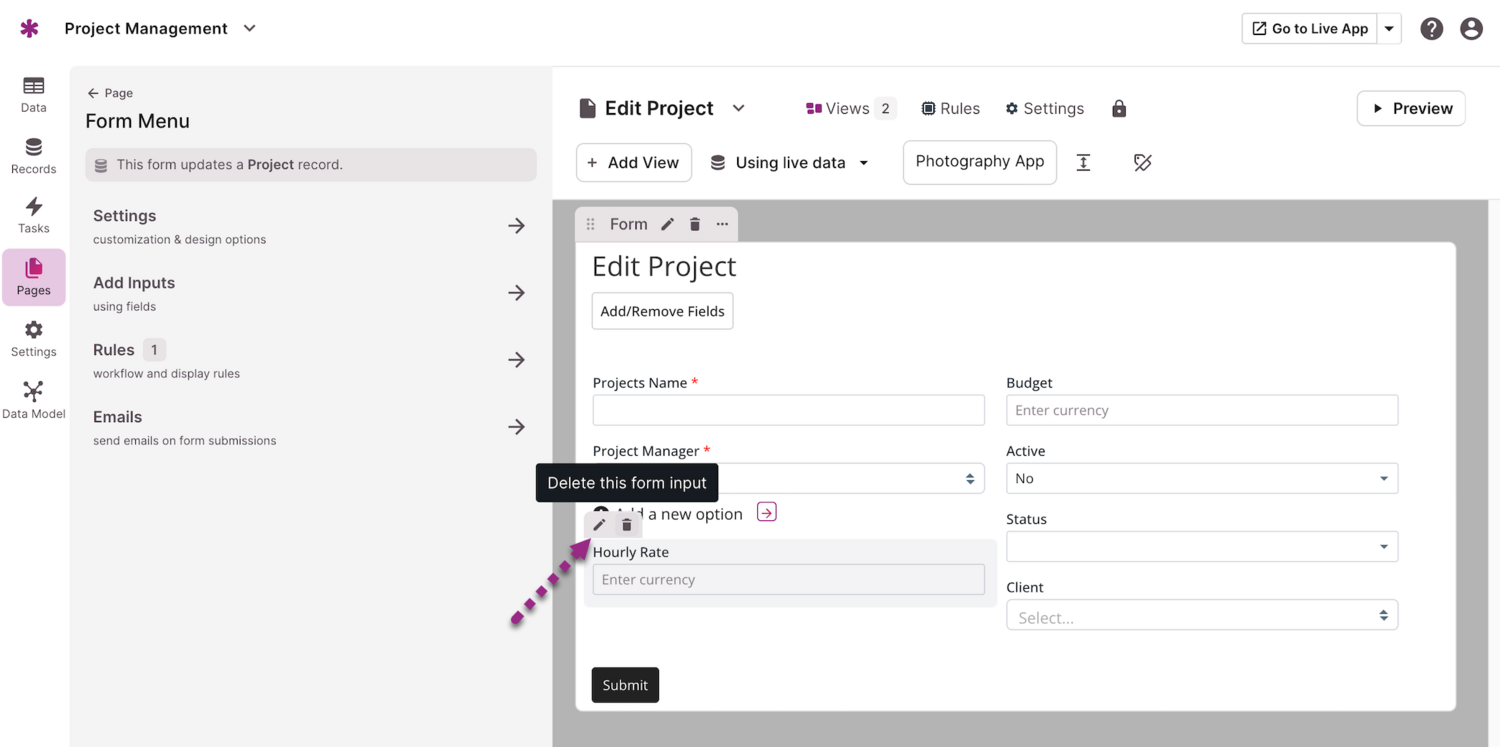 Image of the add a new option modal pop-up