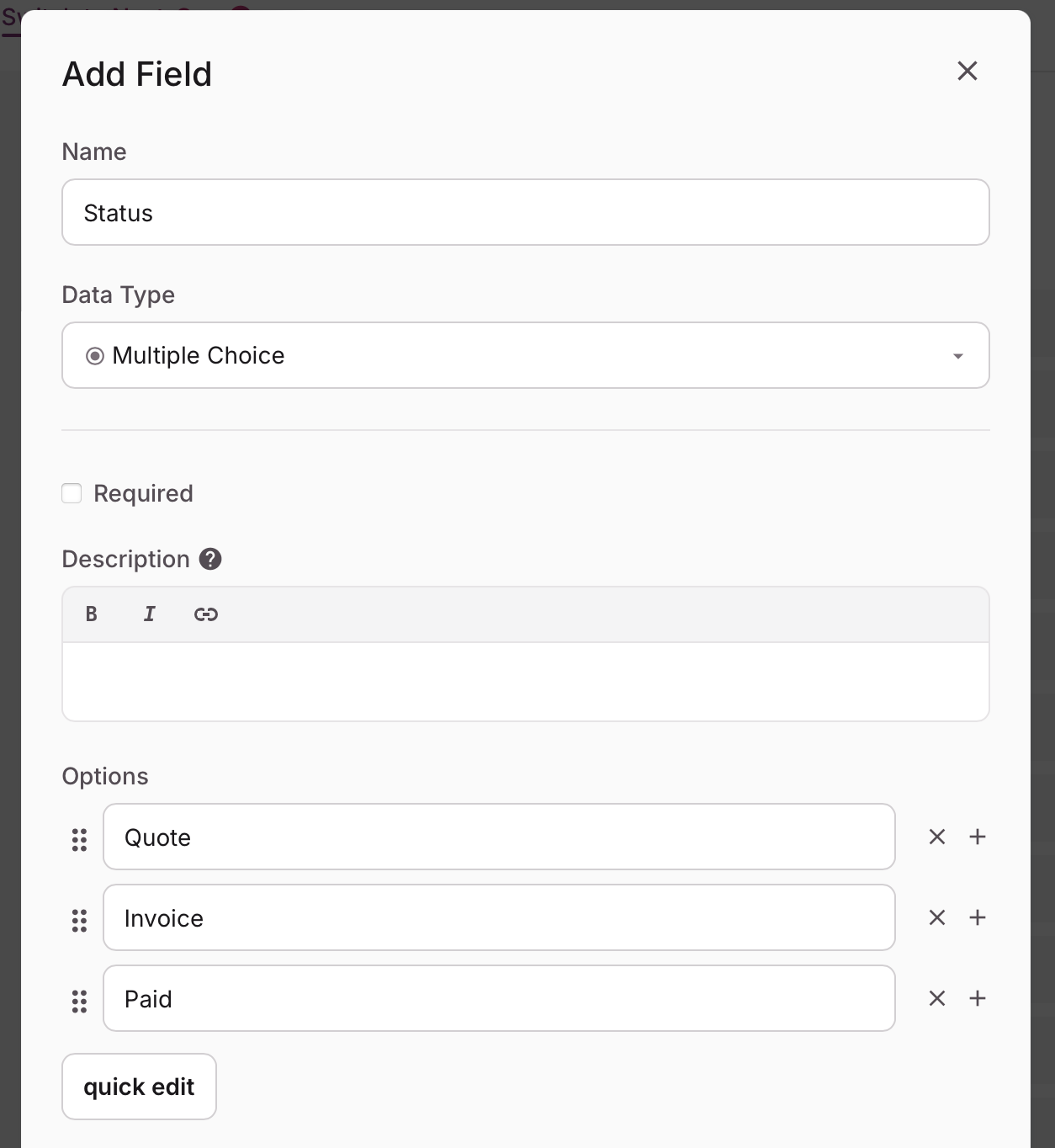 Image of the Status field's settings