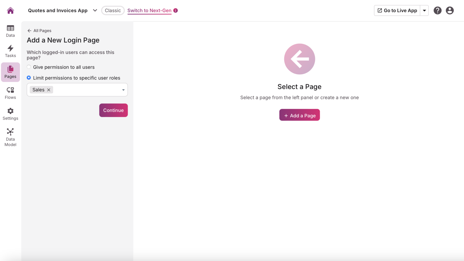 Image of adding a new login page in the Knack Builder