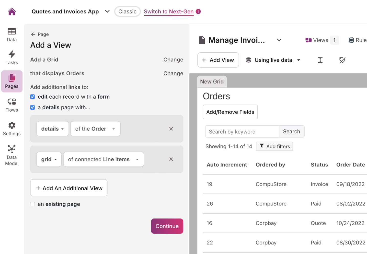 Image of the add a grid view options in the Knack Builder
