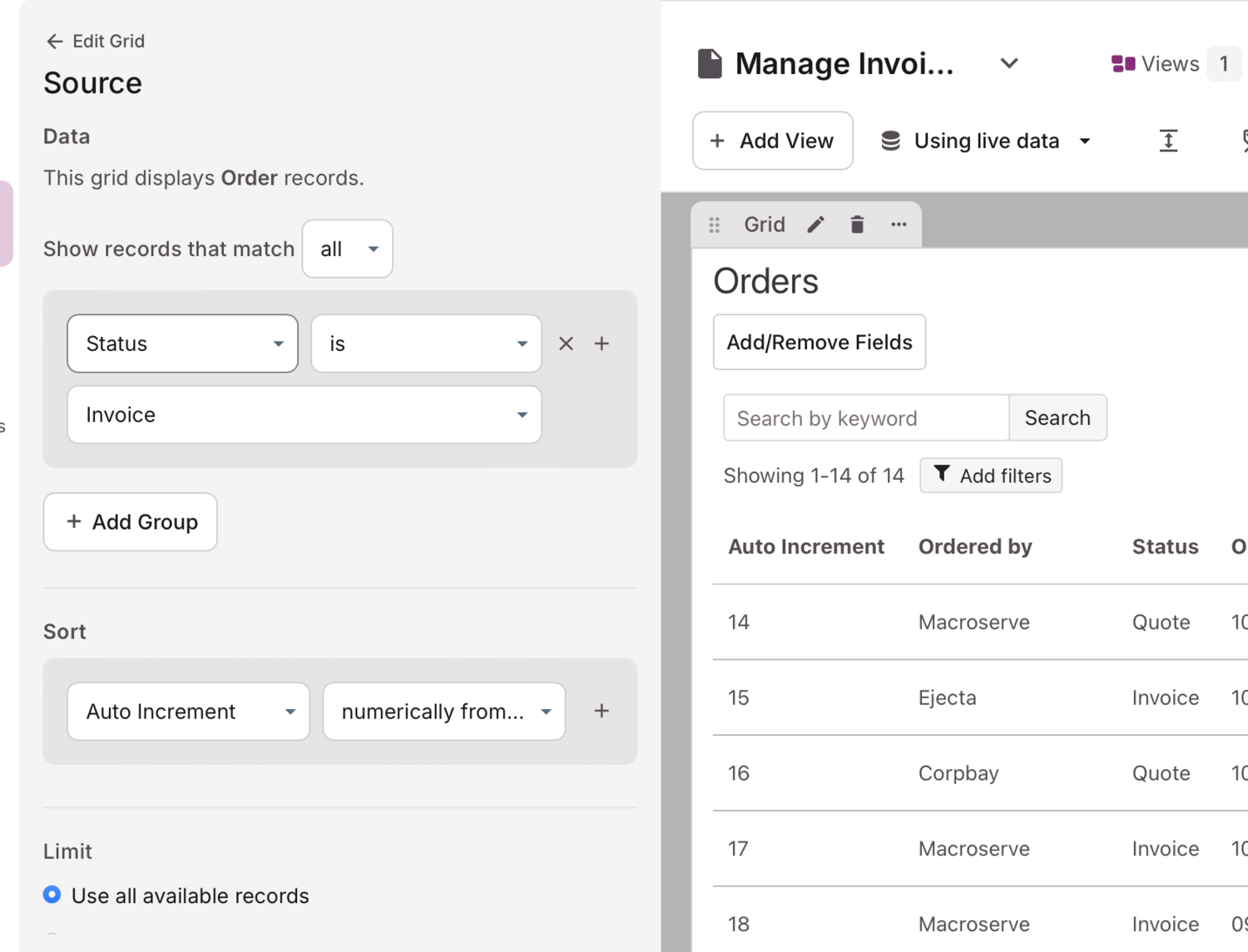 Image of the Data source settings for the Grid view