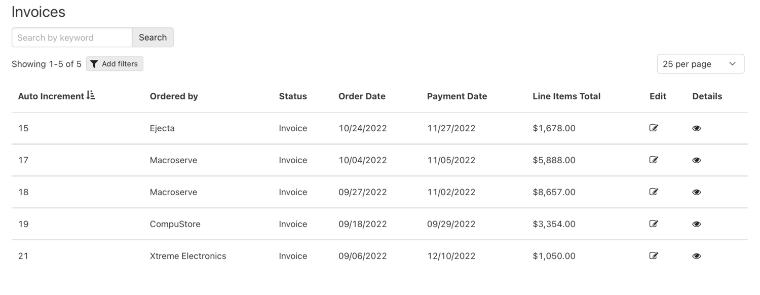 Image of the Live App page for Invoices