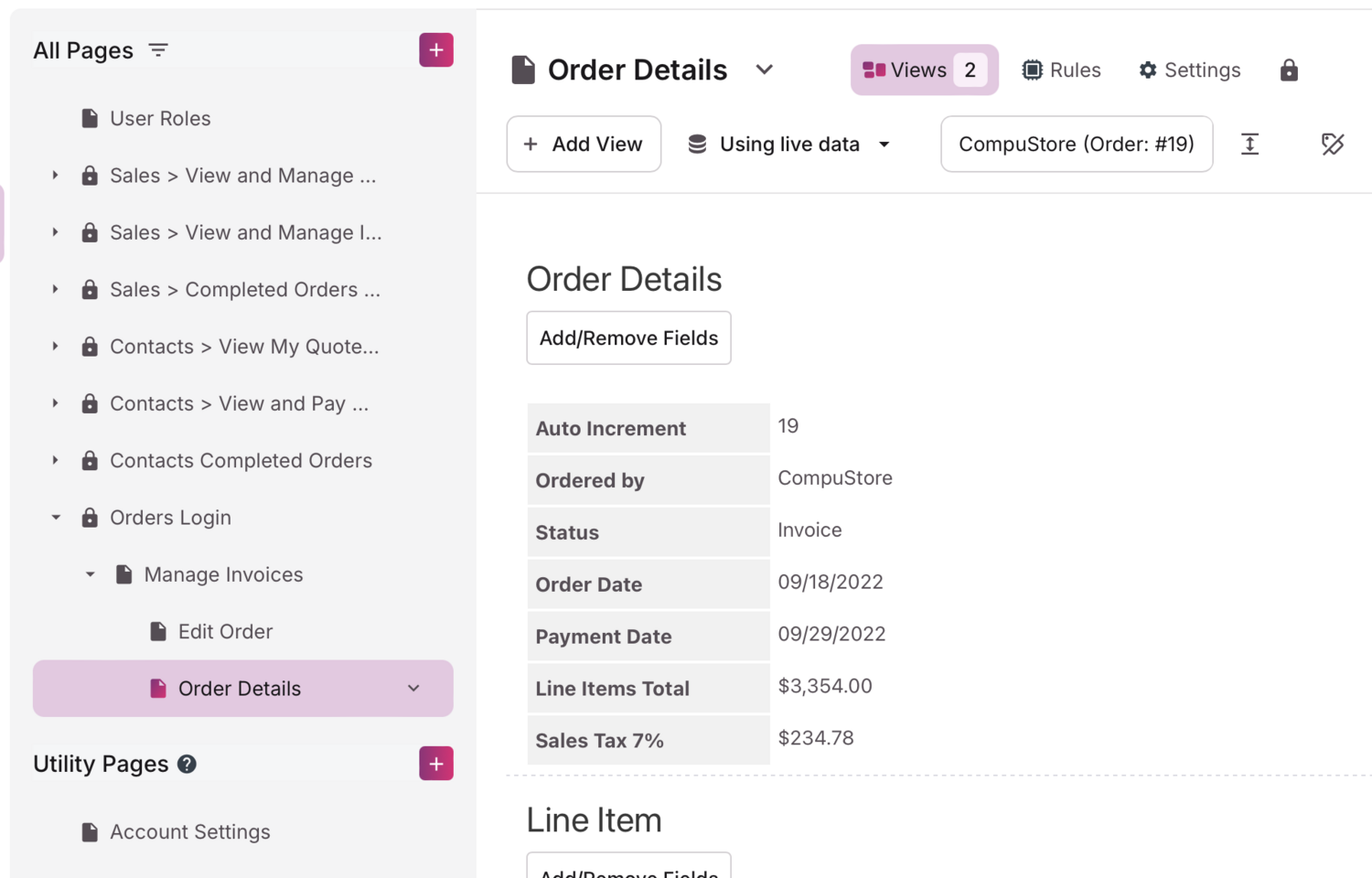 Image of the Order Details page highlighted in the page tree