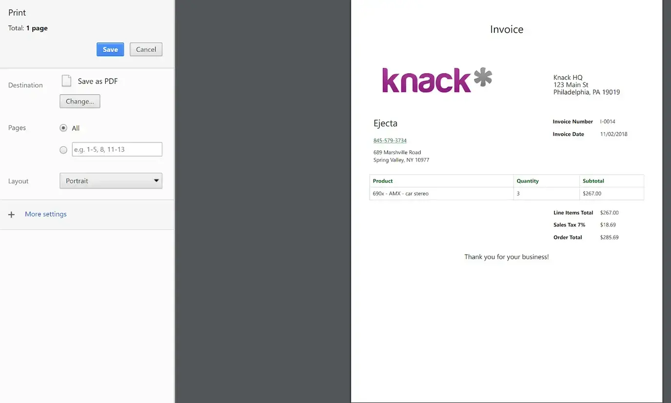 Image of the print preview for the Invoice page