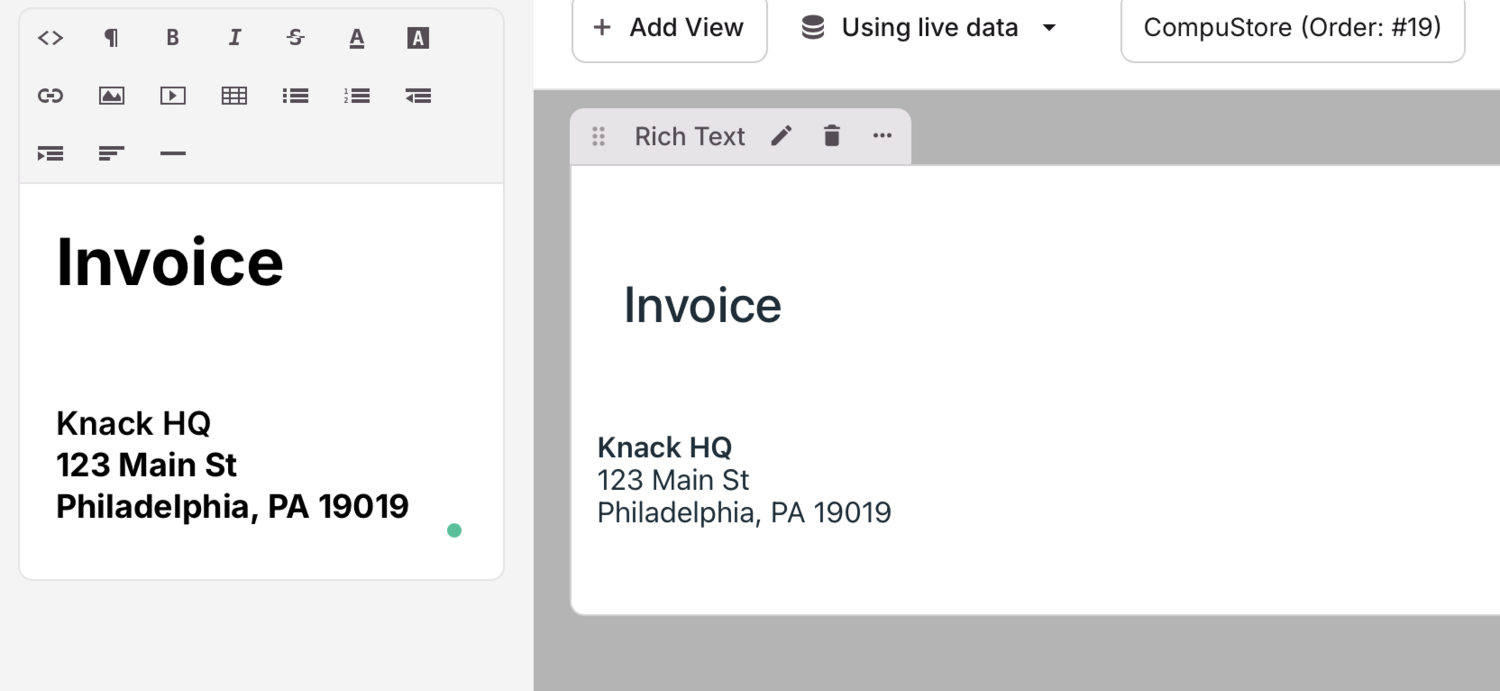 Image of the Rich Text view editor