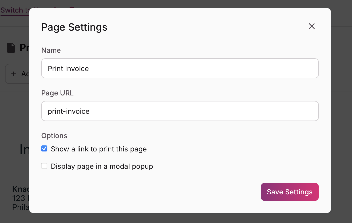 Image of the Page Settings for the Order Details page