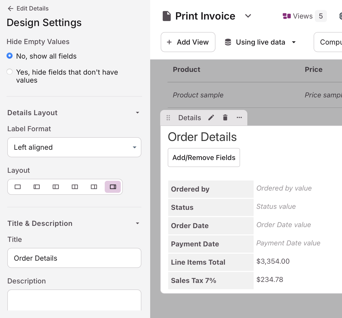 Image of the Order Details add a view toolbox