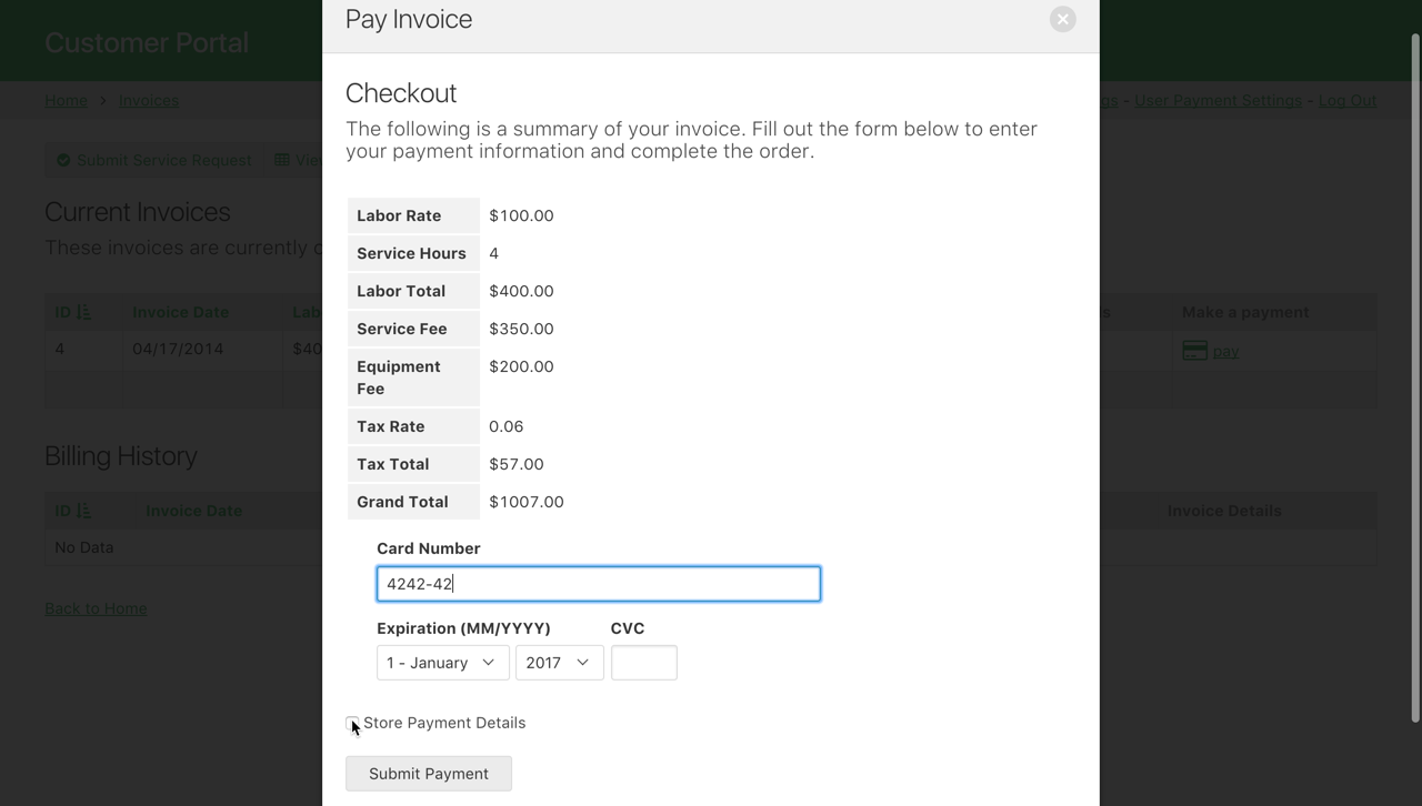 Image of Payment Method submission in the Live App