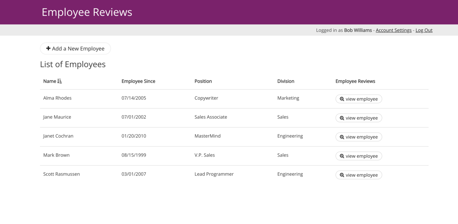 Image of an example Employee Reviews page in the Live App