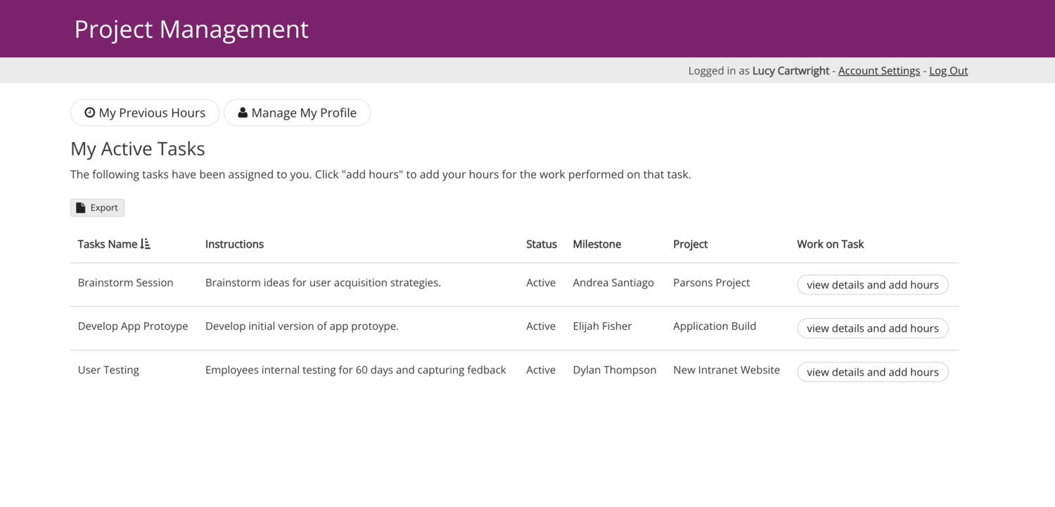 Image of an example Project Management page in the Live App