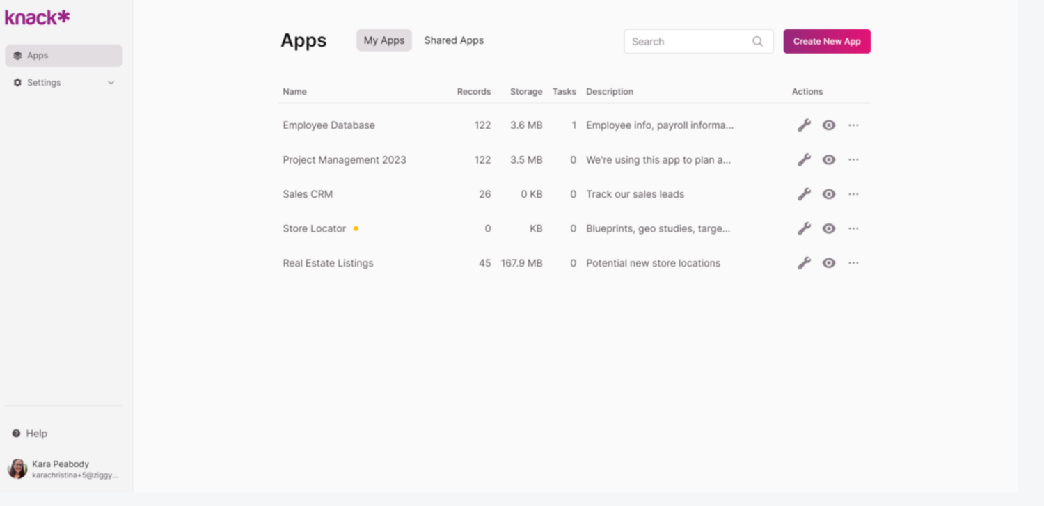 Image of the Knack Dashboard under "My Apps"
