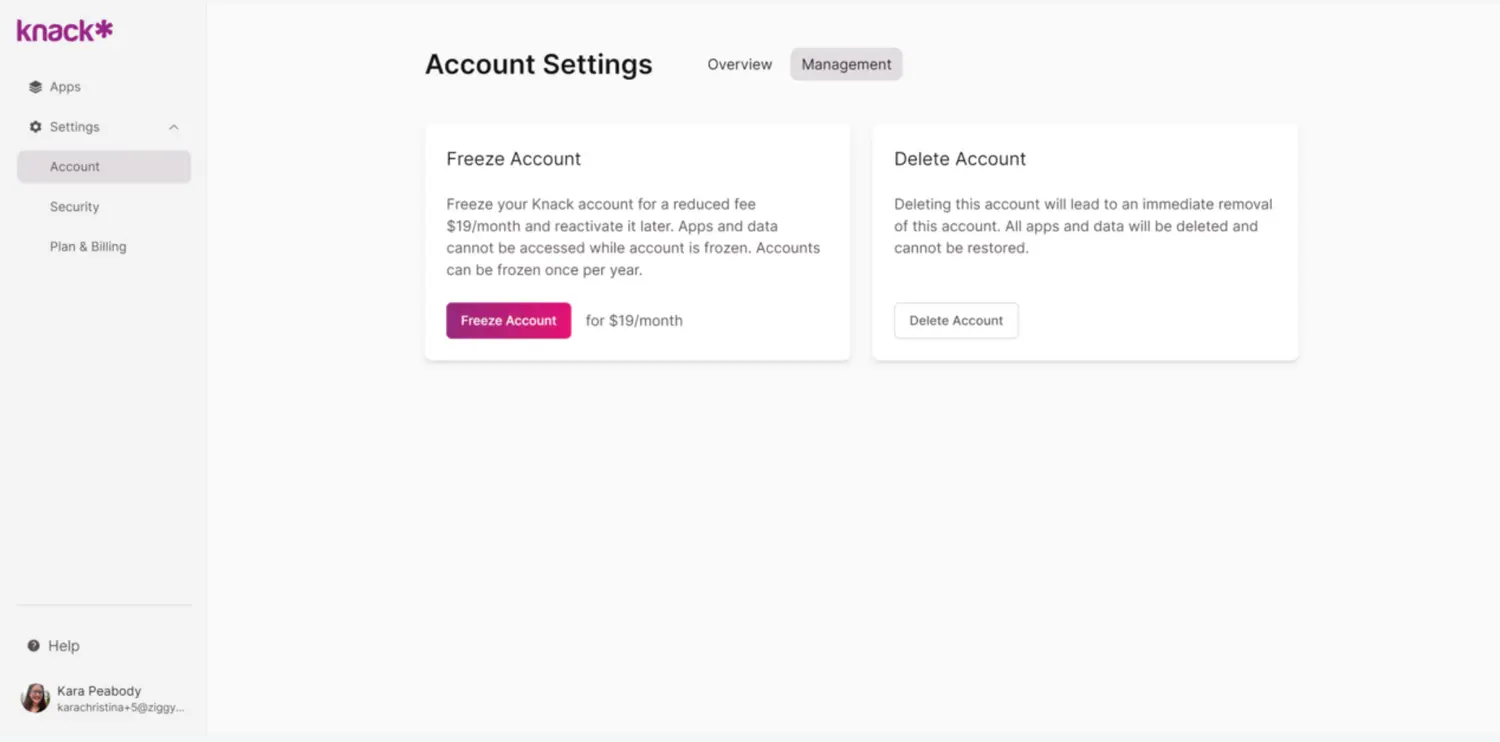 Image of the Freeze Account and Delete Account options in the Knack Builder