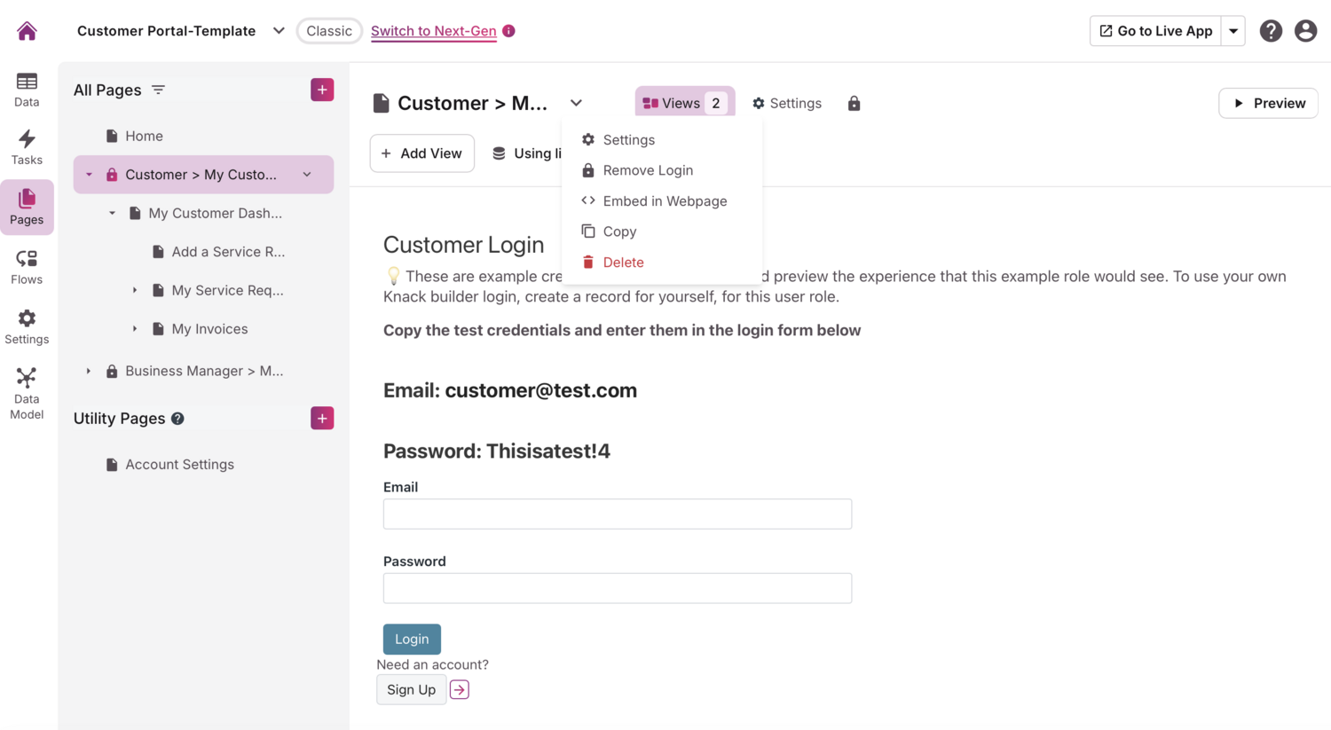 Image of the Page Settings in the Pages section of the Knack Builder