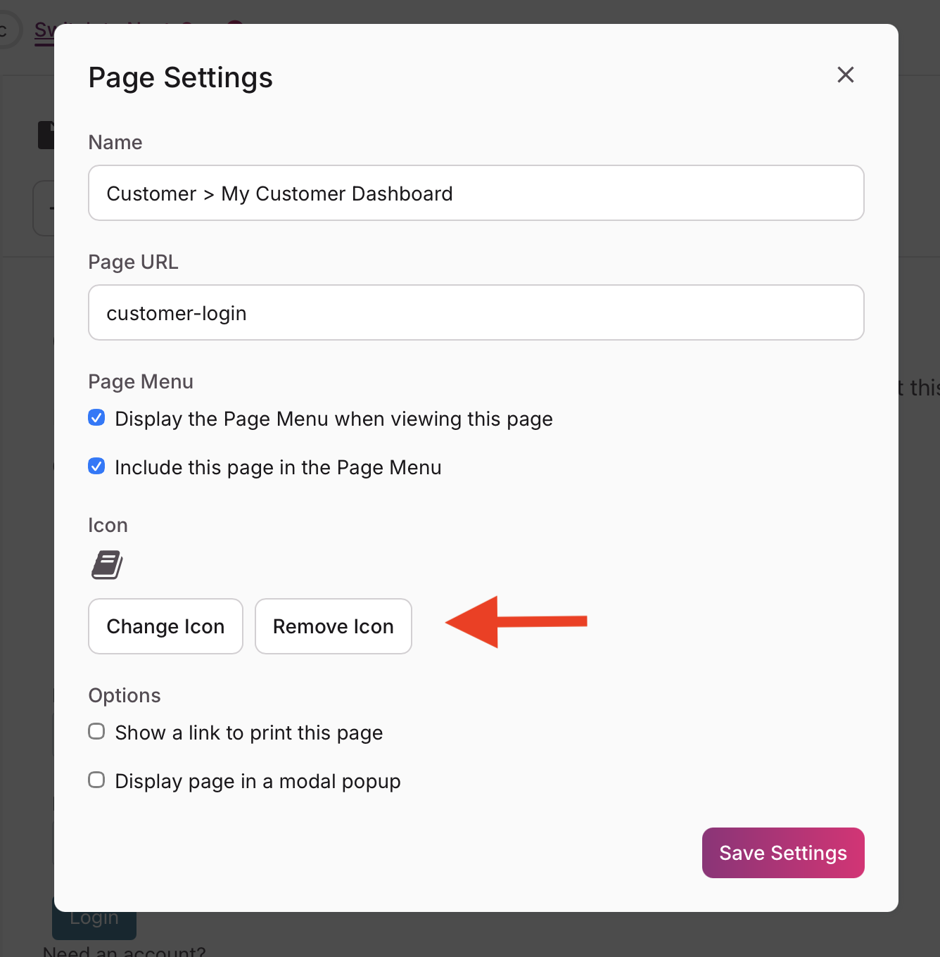 Image of icon settings in the Page Settings