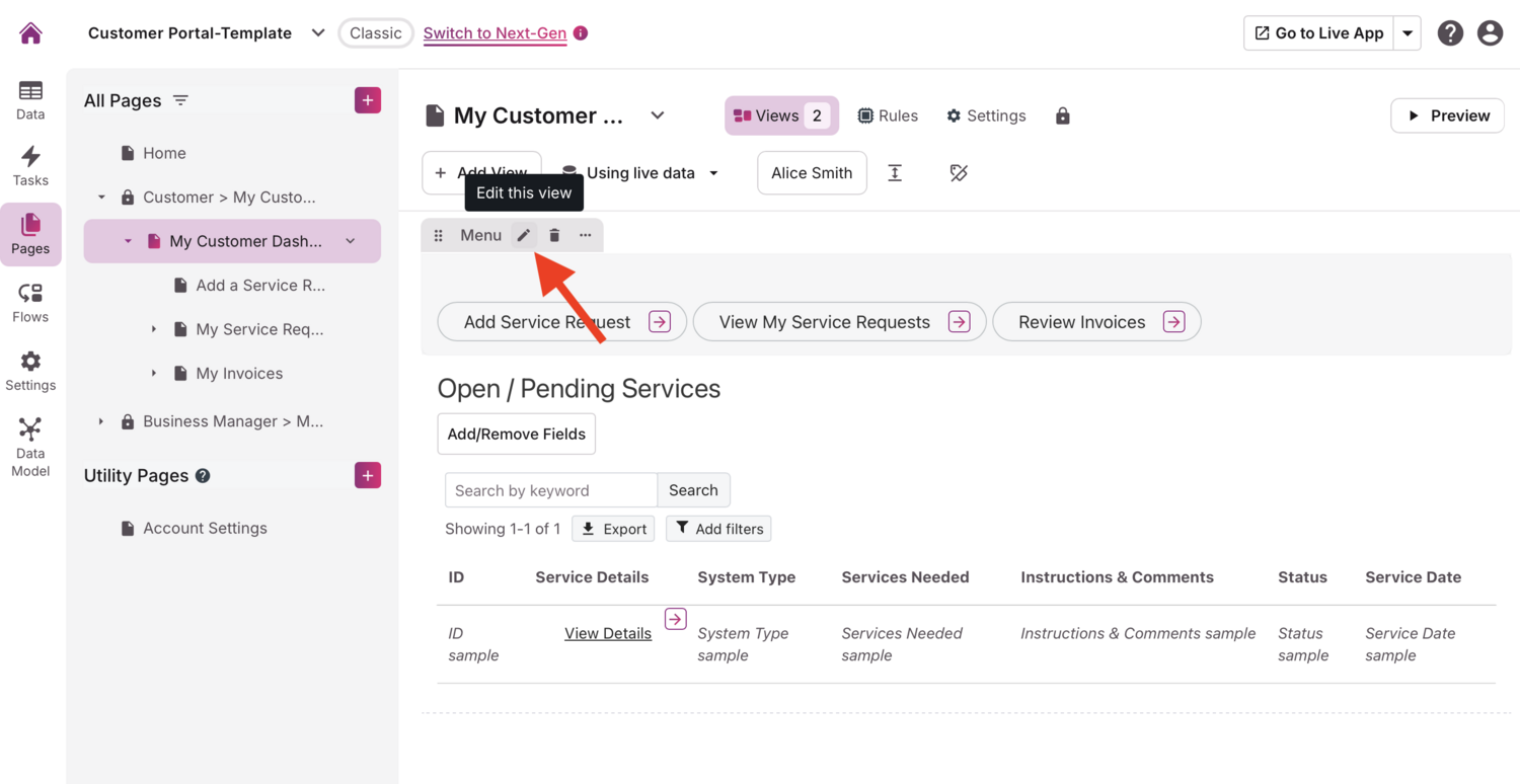 Image of the pen icon highlighted on a Menu view in the Knack Builder