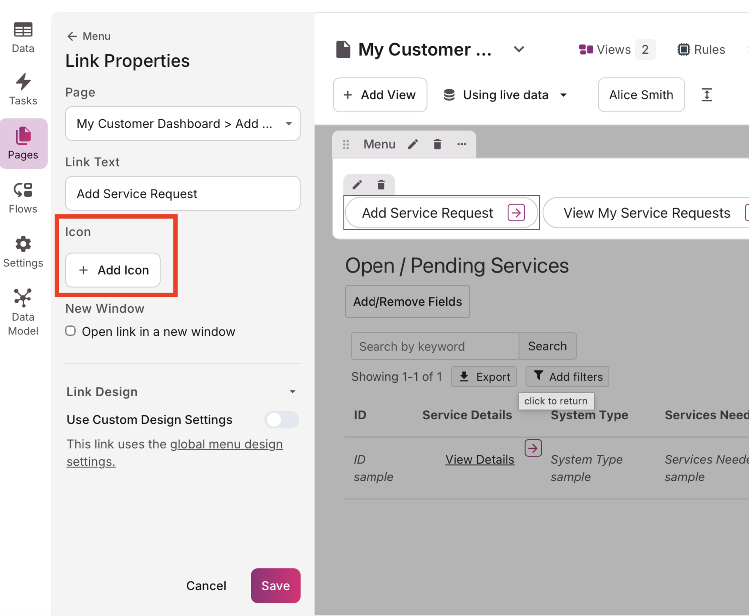 Image of the Link Properties and the Icon option highlighted