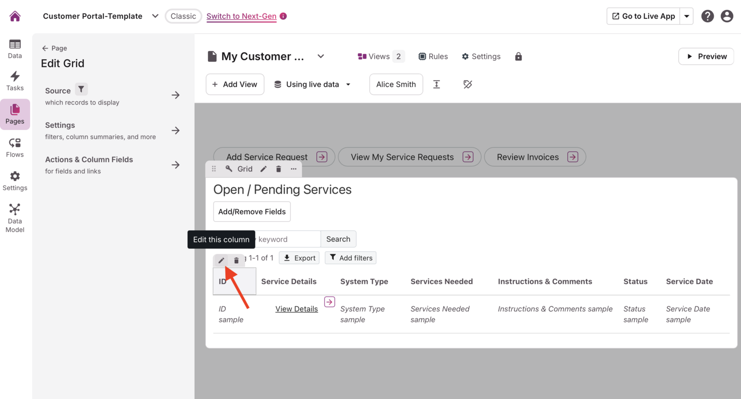 Image of the pen icon to edit a grid column higlighted