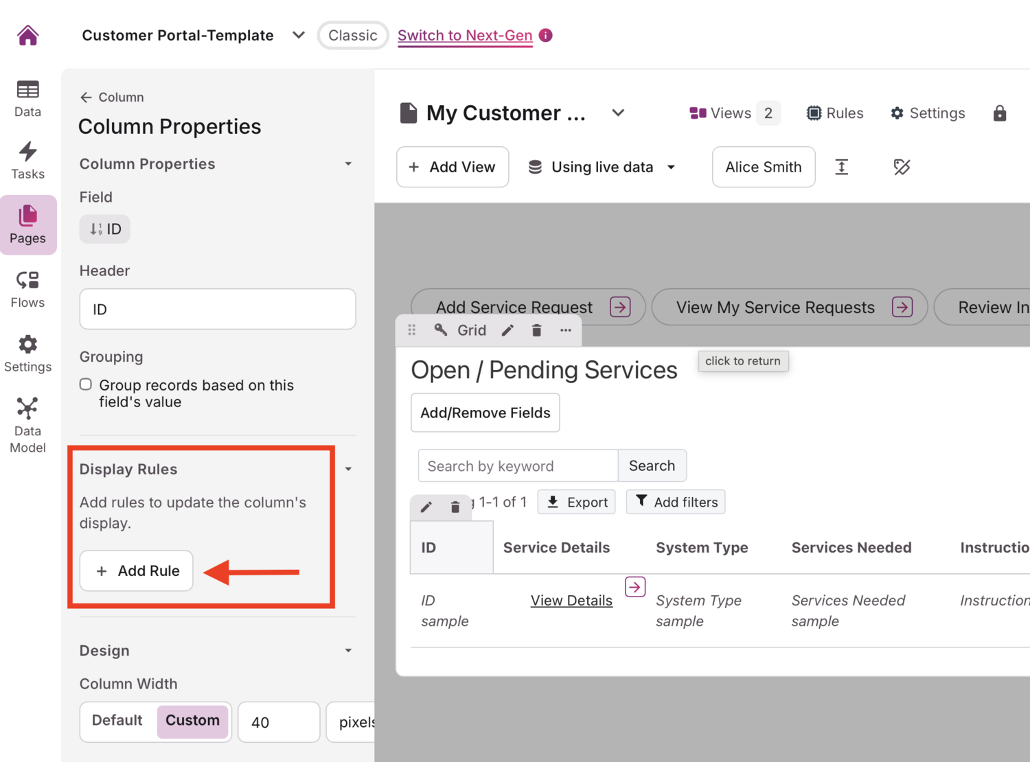 Image of the display rules highlighted in the column properties from the Knack Builder