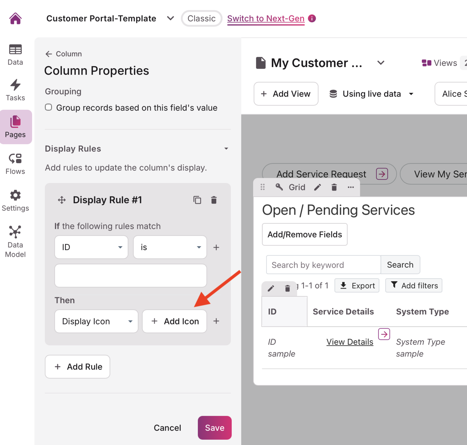 Image of the display rule toolbox and the add icon option highlighted from the Knack Builder