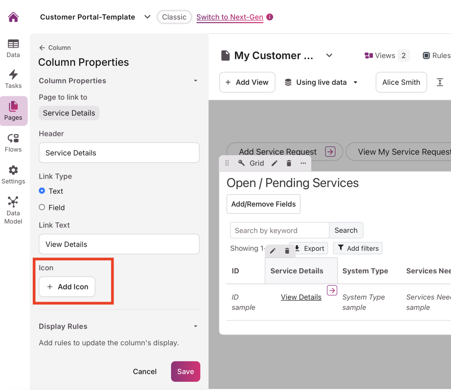 Image of the add icon option higlighted in the Knack Builder under Column Properties