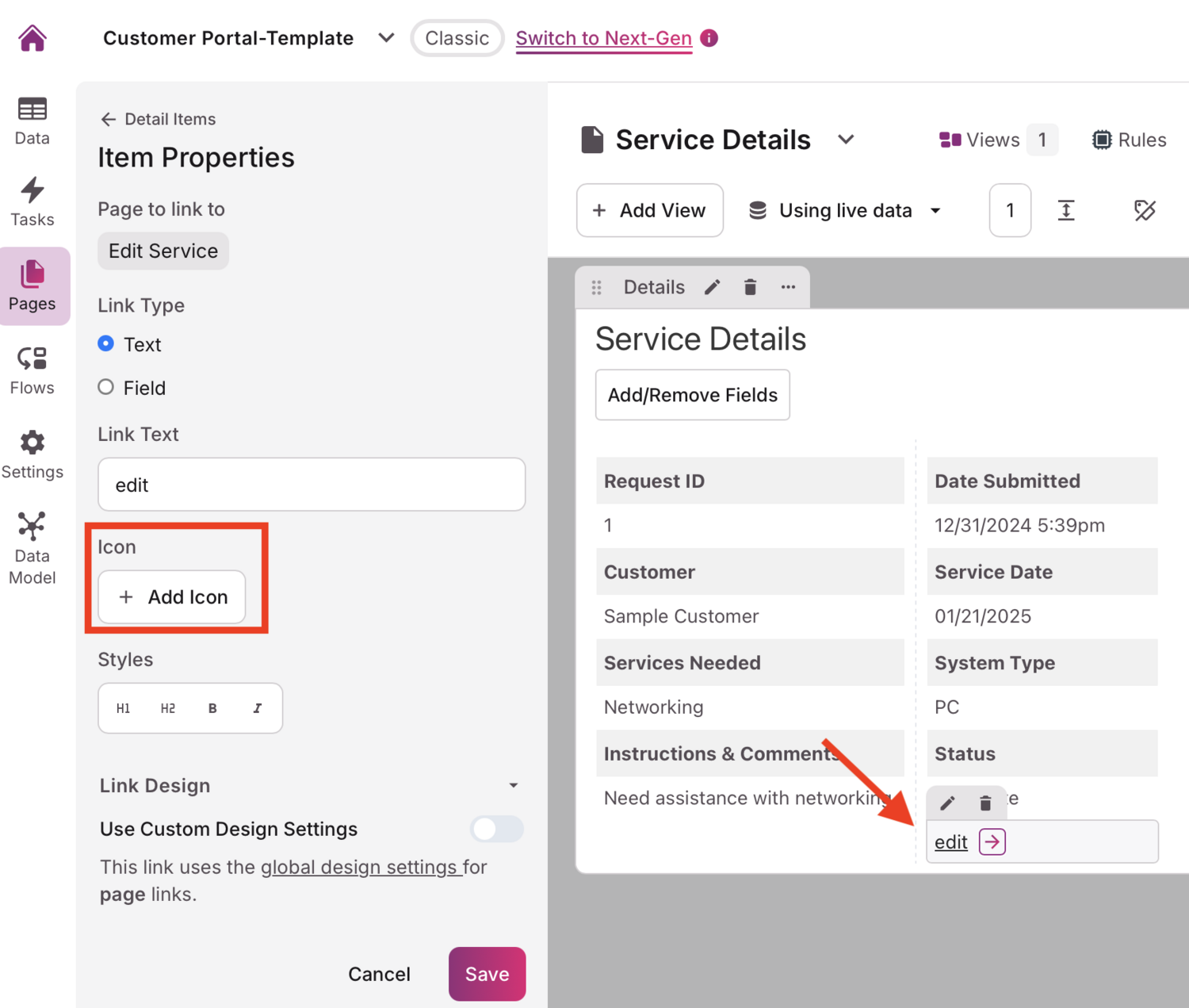 Image of the add icon option highlighted under the List Item Properties