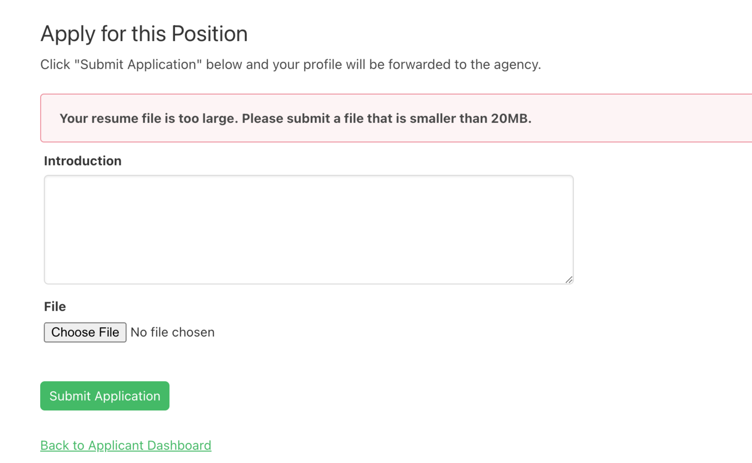 Image of a form view in the Live App displaying the validation rule message of the file being too large