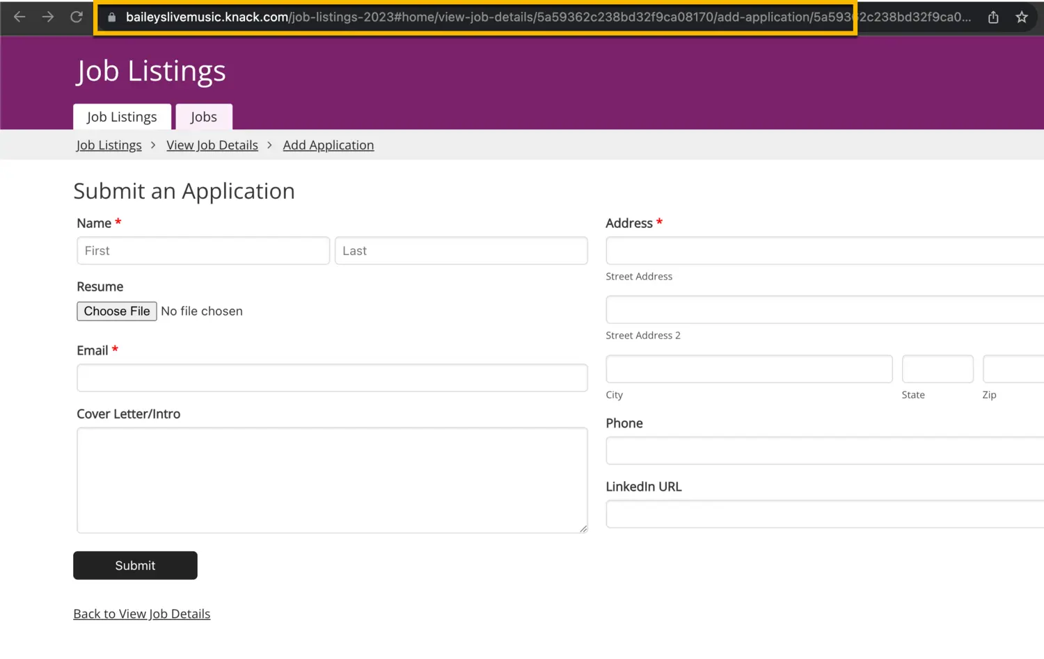 Image of the Live App page with the page URL highlighted in the browser
