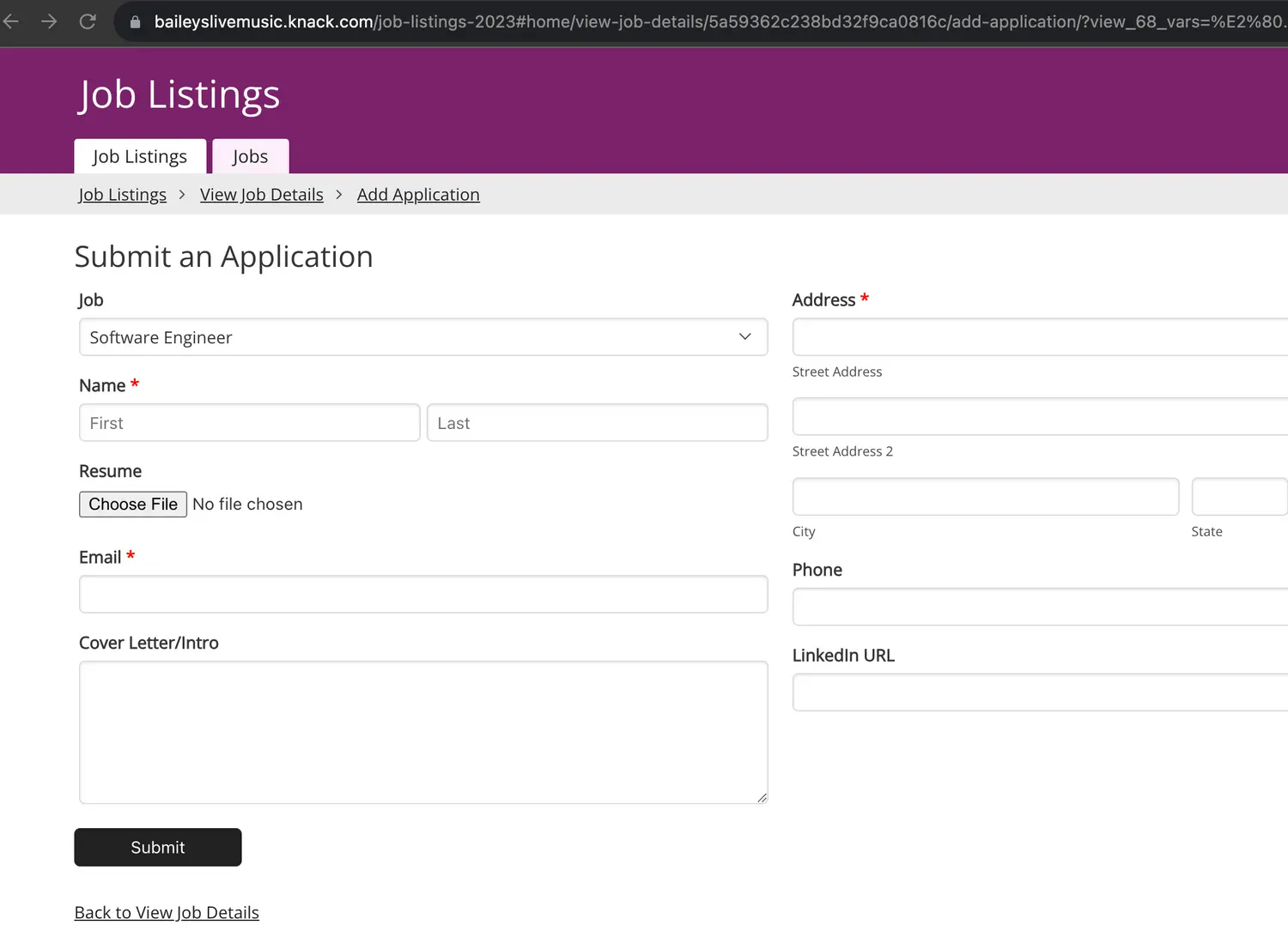 Image of the Live App showing "Software Engineer" selected for the Job field input in the form view