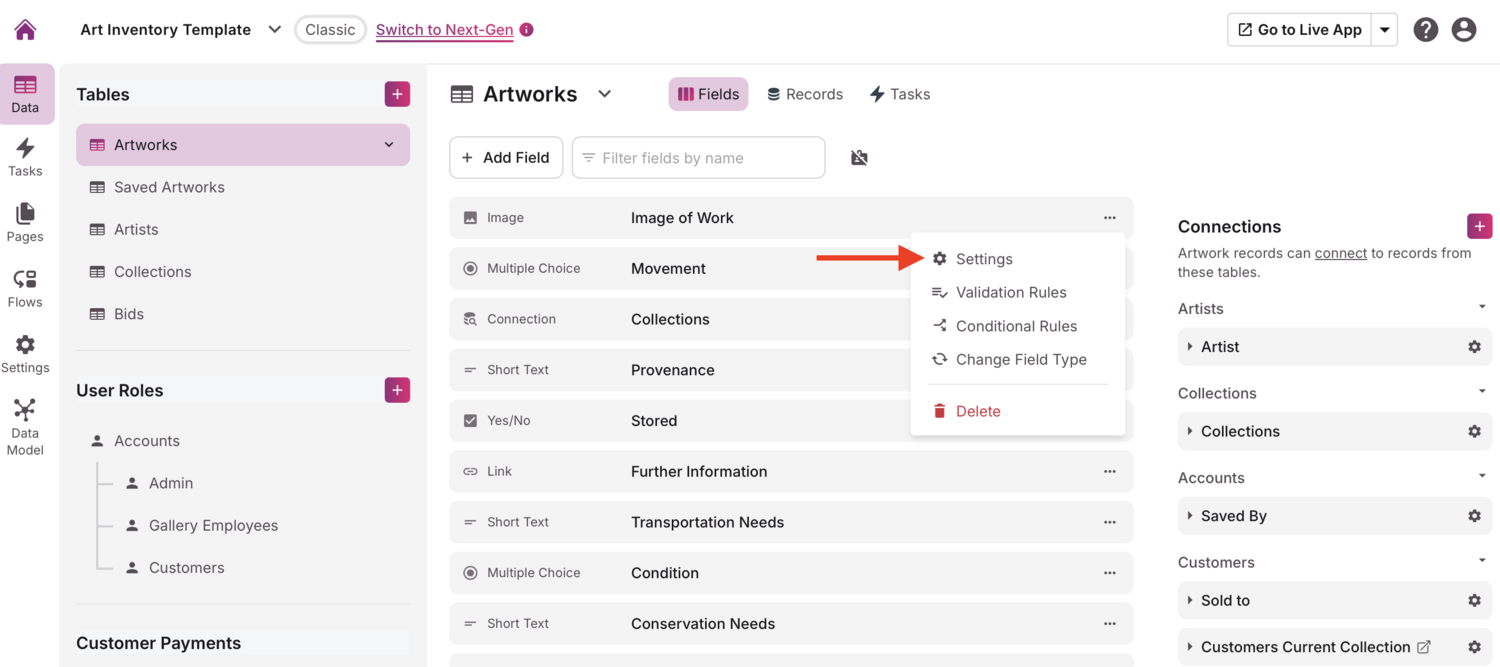 Image of the field settings option highlighted in the Knack Builder