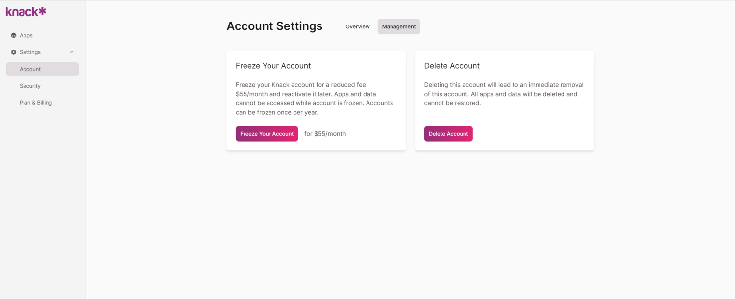 Image of the Account Settings in the Knack Dashboard