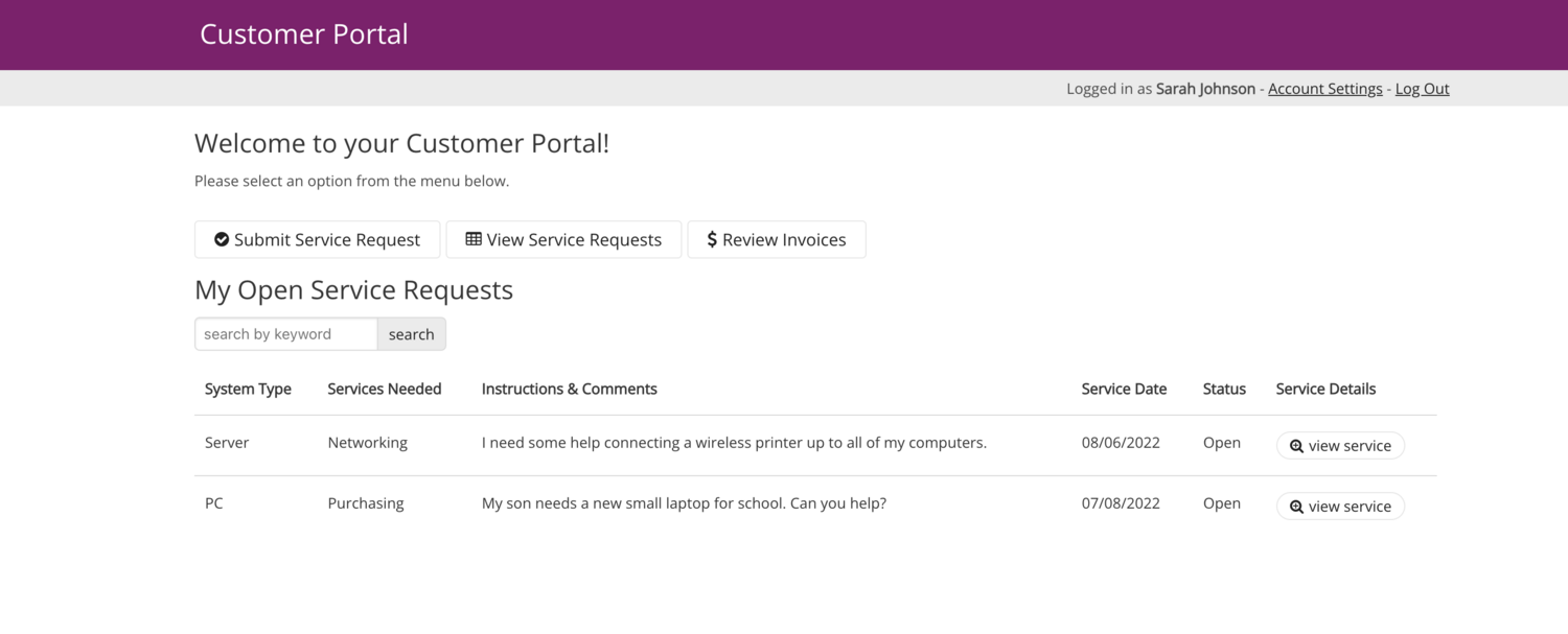 Image of the Live App for the Customer Portal sample app