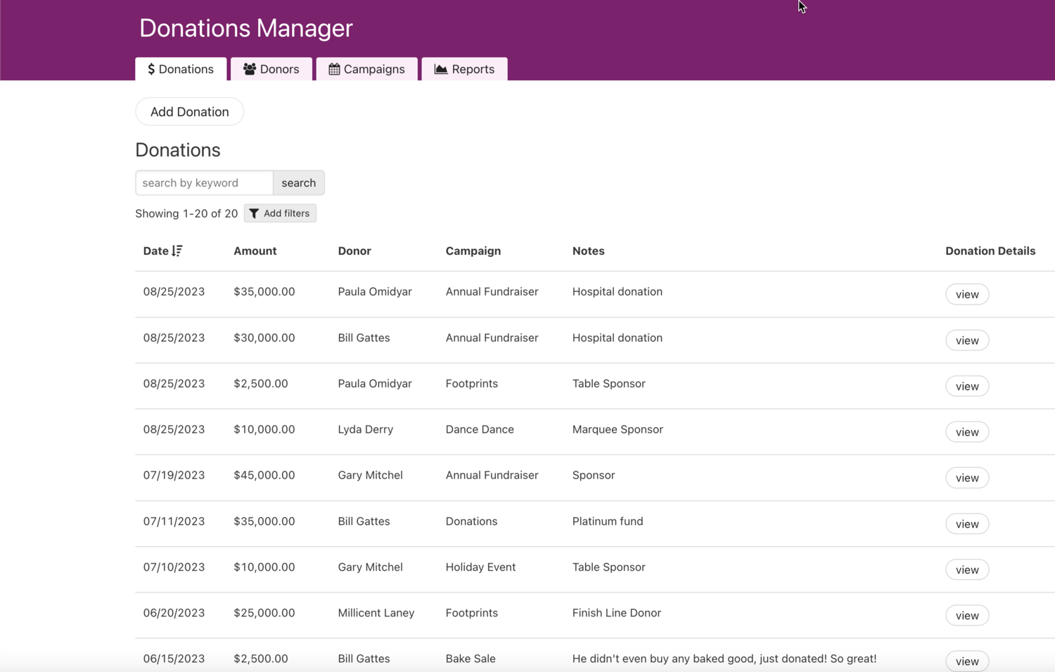 Image of the Donations Manager sample app showing a Live App page