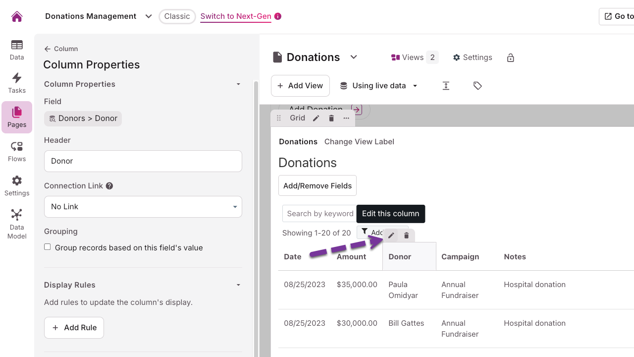 Image of the pen icon highlighted in the Knack Builder