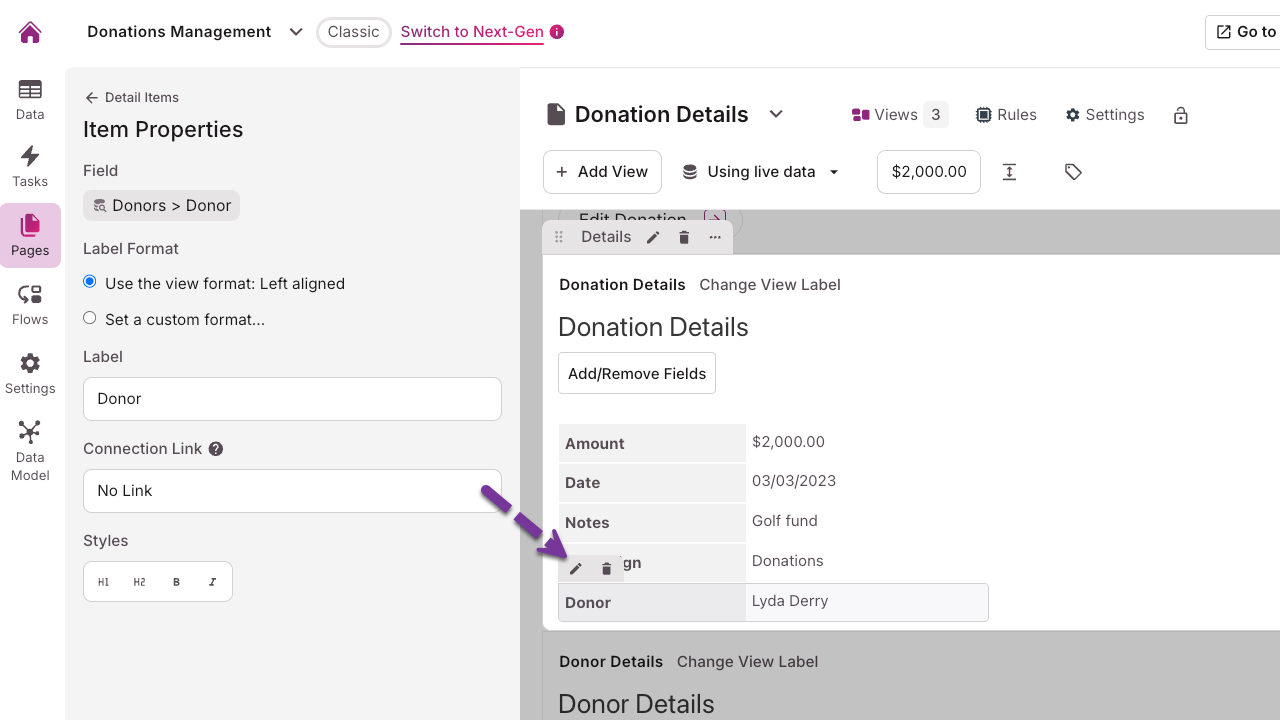 Image of the pen icon highlighted in the Knack Builder