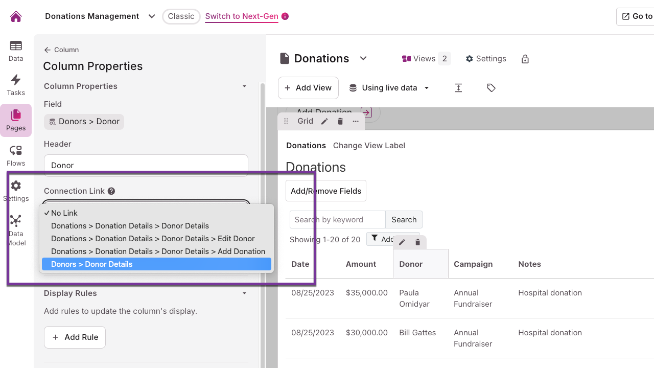 Image of the Connection Link input field highlighted in the Column Properties