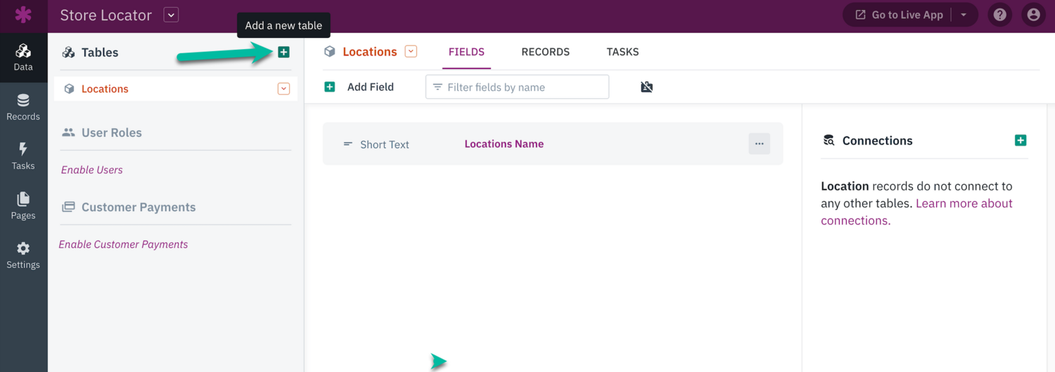 Image with an arrow pointing to the add table button