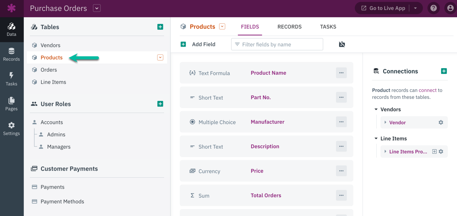 Image of a Products table shown in the Knack Builder