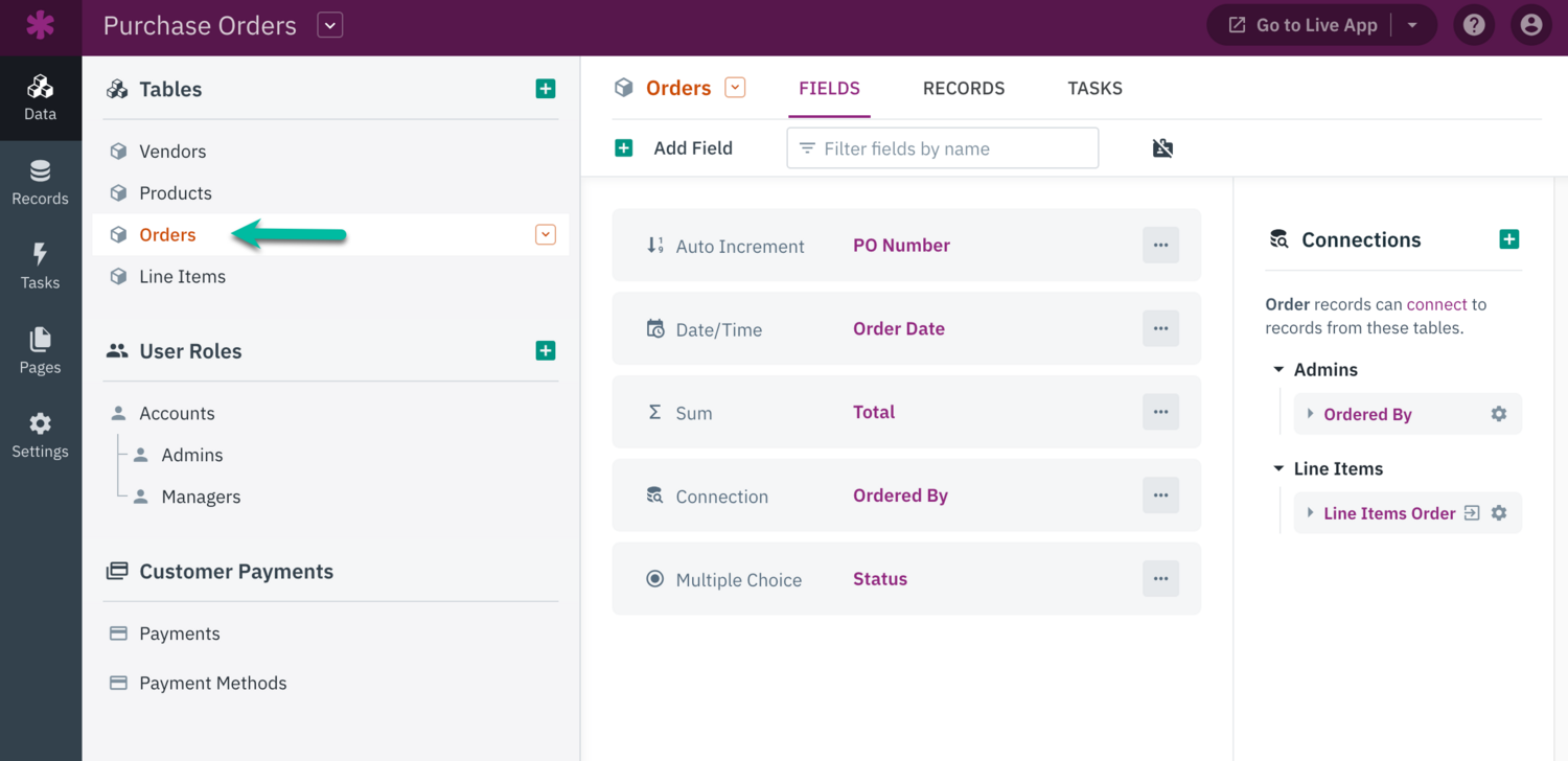 Image of and Orders table within the Knack Builder