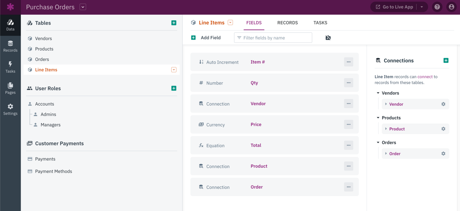 Image of the Line Items table's fields in the Knack Builder