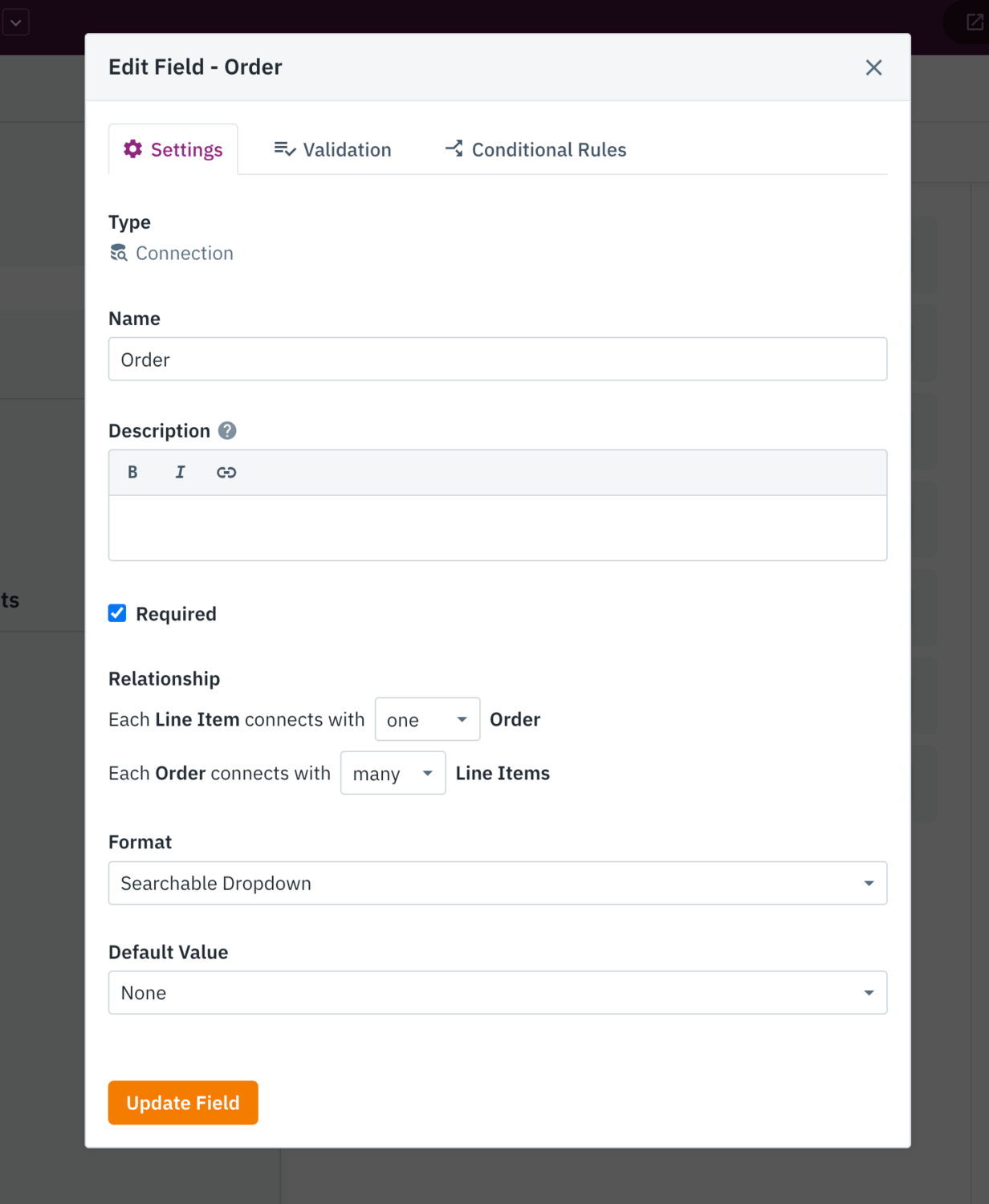 Image of Order connection field settings in the Knack Builder