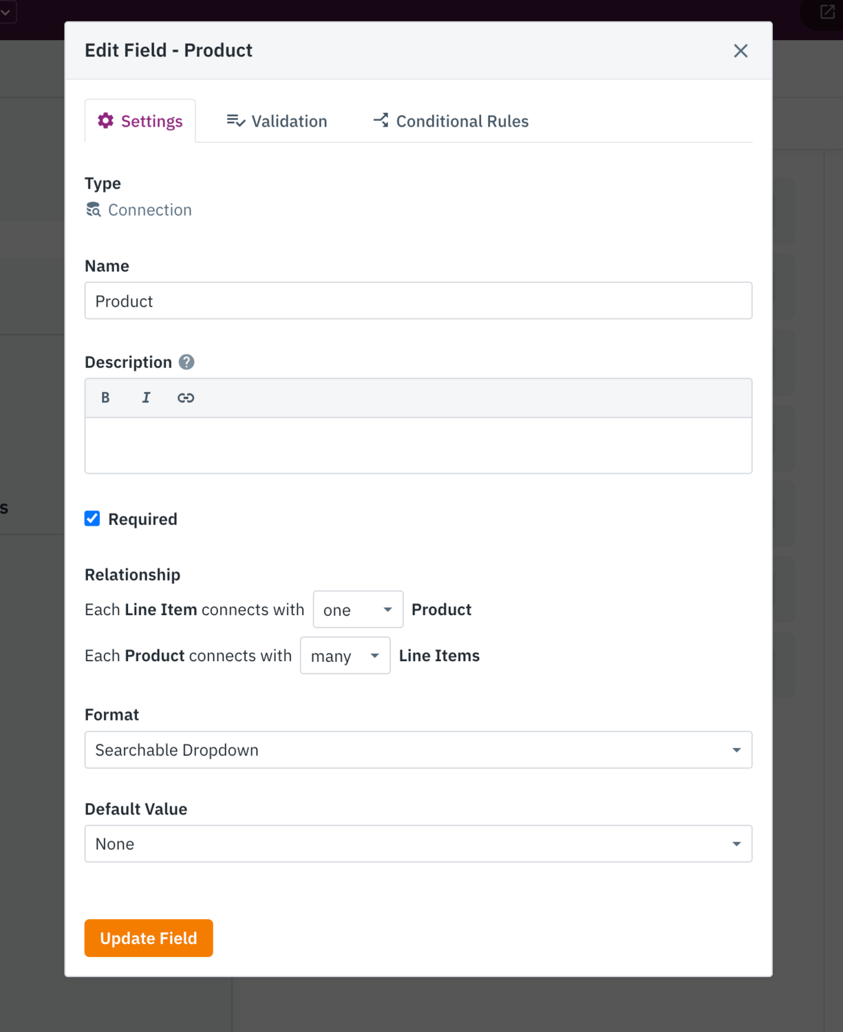 Image of the Product connection field in the Knack Builder