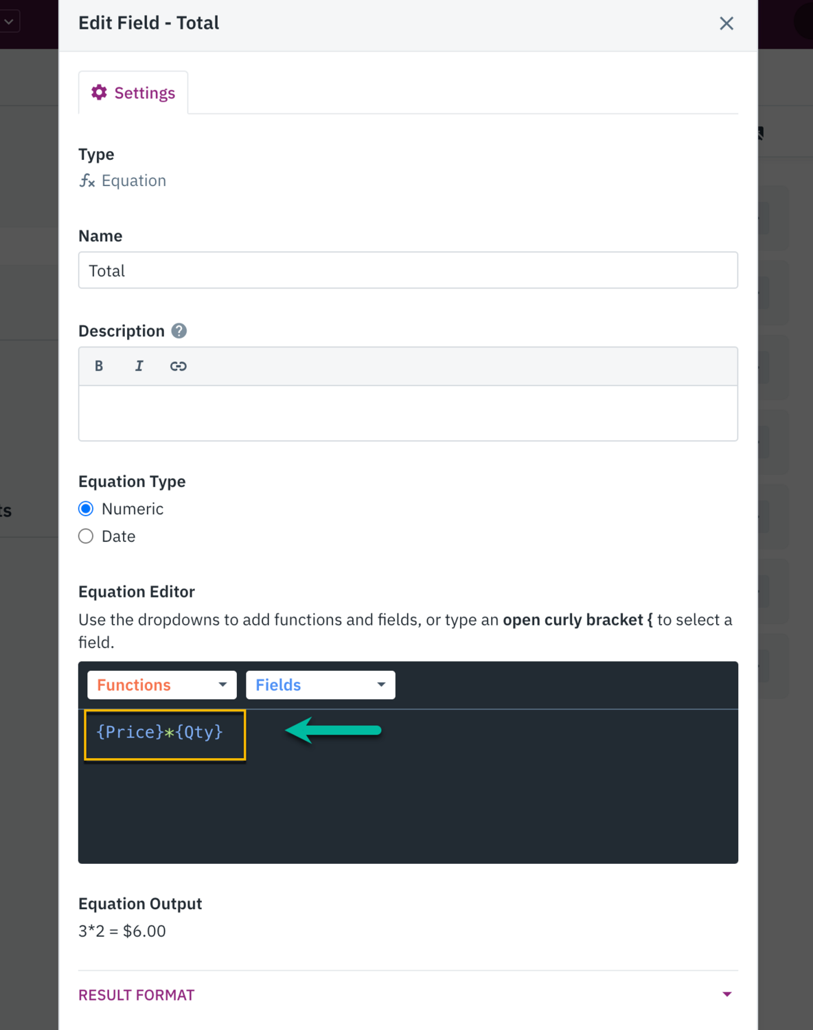 Image of an Equation Field's settings for the Total